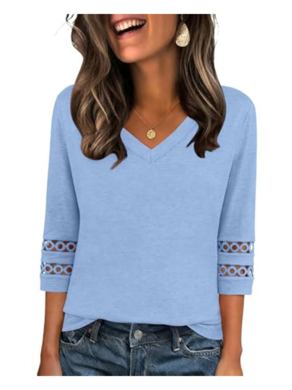 Womens 3/4 Sleeve V Neck Blouse Lace Eyelet Dressy Casual Work Top